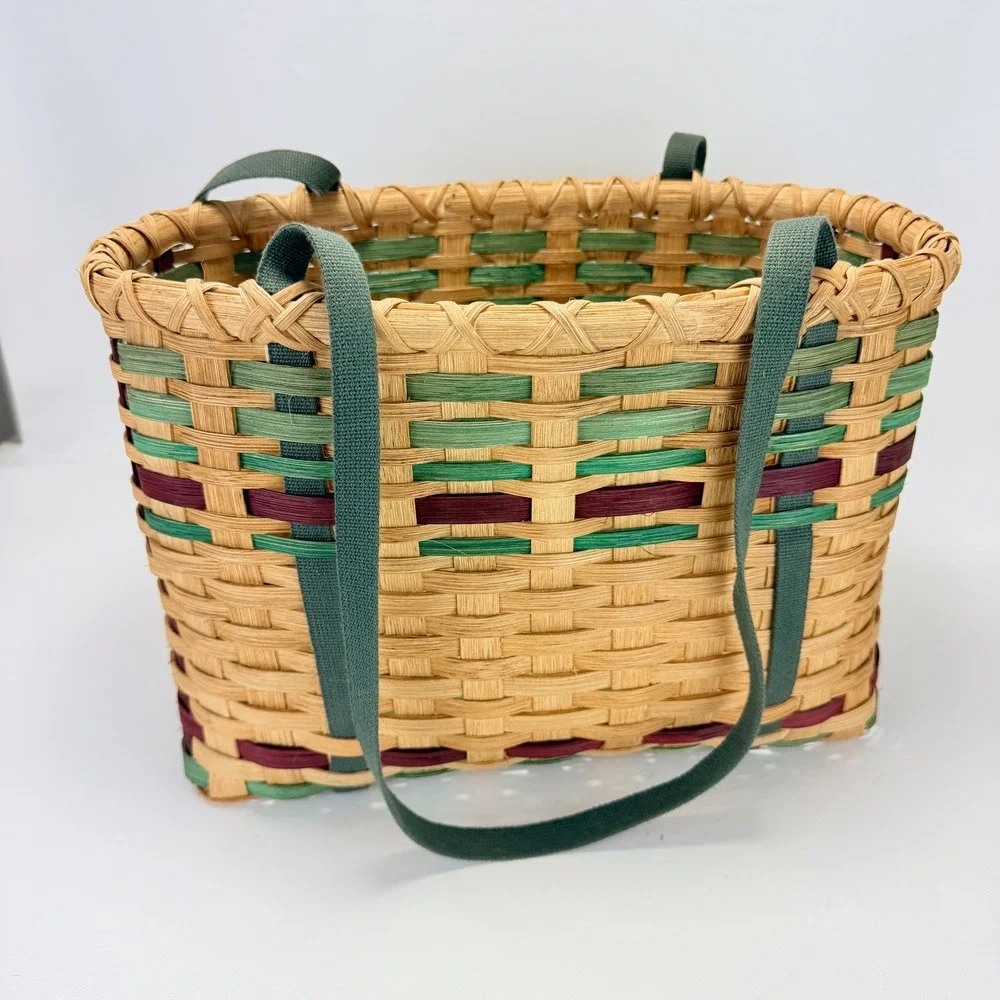 Vintage Woven Wicker Basket with Cloth Handles Tan Green Burgundy